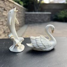 Lenox Porcelain Figurines Swan and Dolphin Ivory with Gold Trim Lot Of 2 picture