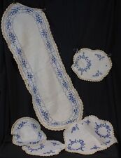 5 Vtg Embroidered Linens Doilies Table Runners Blue Cream Bluework Crochet Lot picture