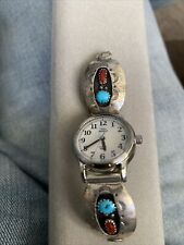 Native American Navajo  Turquoise & Coral Watch Tips & Watch Stainless Steal picture