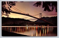 Vancouver BC Lions Gate Bridge at Dusk British Columbia Vtg Postcard Night View picture