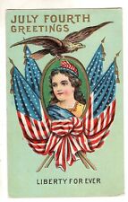 Patriotic July Fourth Greetings Liberty Forever Girl Eagle Flag 1909 Antique picture