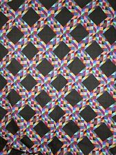 VTG Patchwork Cheater Quilt Fabric Embroidered Flower Black Bright 108