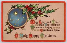 1915 A Holy Happy Christmas Stars Green Leaves Greetings Wishes Posted Postcard picture