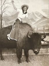 S3 Photograph 1930-40's Cowgirl Costume Buffalo Painted Backdrop  picture