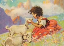 Postcard: Vintage repro print - Heidi in Mountain Meadow w Goats & Flowers picture