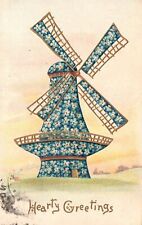Vintage Postcard 1910's Hearty Greetings Windmill Made Of Flower Blue Petals picture