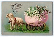 c1910's Easter Sheep Pulling Cart Wagon Hatched Egg Flowers Embossed Postcard picture