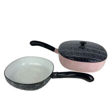 Vintage Serendipity Enamelware Pink Black Spaghetti Fry Pans Lot of 2 Midcentury picture