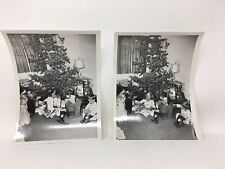 2 B&W Photos Children Christmas Tree 1950's Opening Gifts Radio Flyer Large Doll picture