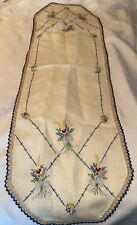 Embroidered Linen Table Beige Runner Dresser Scarf  Flowers Vintage Excellent picture