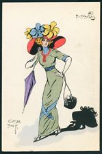 French 1910 Art Nouveau Fashion HAND Applied WATERCOLORS Hobble Skirt GREEN picture