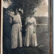 c1910s Cute Women Outdoors RPPC Corset Dress Wood Bucket Handmade Card Back A214 picture