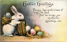 BUNNY HAS QUITE A LOAD OF EGGS-VTG 1916 EASTER POSTCARD *T picture