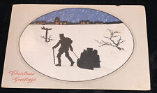 1928  Silhouette Christmas Santa Pulling Sled Of Toys  Postcard picture