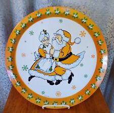 Giftco Vintage 1981 Dancing Santa & Mrs. Claus Metal Round Orange & White Tray picture