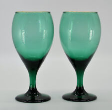 Libbey Glass Co. Teardrop Juniper Green Water Goblet 7” Gold Rim Set of 4 C-9 picture