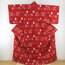 Tsumugi kimono Silk Square pattern Red 63.8inch Women's picture