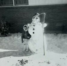 Little Child Standing By Snowman With Broom B&W Photograph 3.25 x 3.25 picture