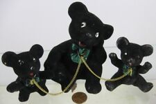 Vintage 1950's-60's 3 Cute Fuzzy Black Bears Ceramic Momma & Cubs picture