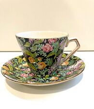 Vintage Lord Nelson BLACK BEAUTY Tea Cup & Saucer - Black & Green Yellow Floral picture