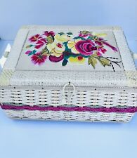 Large Vintage Beige Floral Chenille Embroidered Padded Sewing Box picture