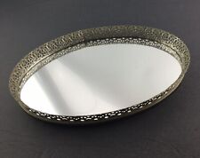 Vintage Oval Vanity Mirror Tray Gold Tone Metal Frame Filigree 13.5” X 9.5” picture