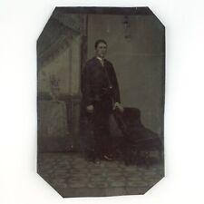 Stiff Posing Stand Man Tintype c1870 Antique 1/6 Plate Stern Portrait Photo H683 picture