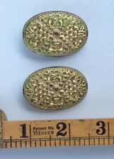 FOCAL XL 45mm Vintage Czech Glass Metallic Green AB OVAL GOLD Wash Buttons 2pc  picture