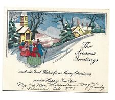 Vintage Christmas Card Victorian's Church Winter Scene Home on Hill 1920's 30's picture
