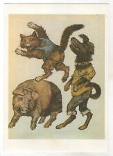 1970s Fairy Tale Noisy Animals Cat Dog & Pig Soviet RUSSIAN POSTCARD Old Vintage picture