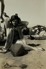 Pretty Woman With Hands Behind Head On Beach B&W Photograph 2 x 2.75 picture