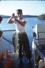 1972 Man Holding Caught Fish on Line Fishing Trip Vintage 35mm Slide picture