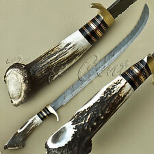 BEAUTIFUL CUSTOM HAND MADE DAMASCUS STEEL HUNTING SWORD KNIFE / STAG HANDLE 550 picture