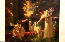 1900s Two Cute Girls Lady Feed Goats Idyll Romance postcard ANTIQUE POSTCARD picture