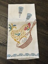 Vintage Linen Kitchen Tea Towel Hand Embroidered Chicken salt pepper Adorable picture