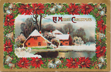 Postcard A Merry Christmas - Rural Scene Poinsettia Embossed - picture