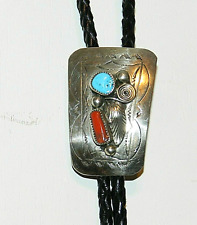Rare Vintage Sterling Silver Ornate Bolo Tie with Turquoise & Coral Stones picture