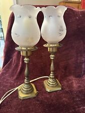 antique vintage table lamps pair Glass Shade Floral Pattern. Brass Stands picture