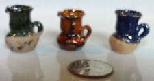 3 Vtg Blue 1:12 Miniature Pitchers Terracotta Clay Handmade Mexican Primitive picture