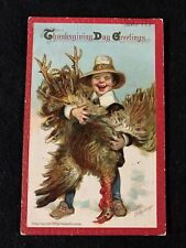 Antique Frances Brundage Thanksgiving Postcard Pilgrim Boy with Turkey c1911 picture