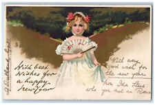 Postcard Small Girl Wearing Dress with Fan 1904 Posted Antique New Year Tuck Art picture