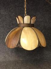 Vintage Tulip 8 Panel Brown Tan Caramel Stained Slag Glass Hanging Swag Lamp picture
