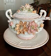 Medieval C.1940s Vintage Floral Large Capodimonte Soup Tureen Made in Italy picture