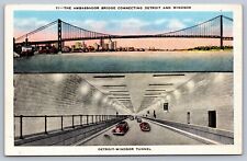 Postcard Detroit MI Ambassador Bridge and Detroit-Windsor Tunnel picture