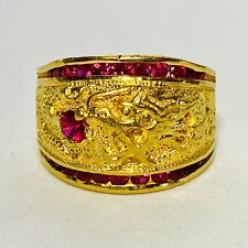 Chinese 24K Yellow Gold Dragon 1.44ctw Lab-Created Ruby Size 8 Ring 19.0g picture