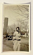 Photograph Antique Beautiful Lady Dressed Up with Antique Car and Home 4x2.5 picture