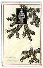 1907-15 Postcard Christmas Greetings Snowman Ornament Inset Candle Pine Leaves picture
