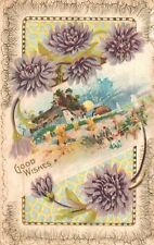 Vintage Postcard 1911 Good Wishes Greeting Card Countryside House Purple Flowers picture