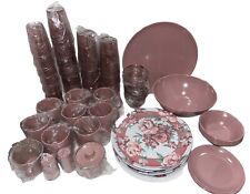 Vintage MCM Melamine Dinnerware Set Pink Rose Cups Plates Bowls Camp Set 65+ pc picture