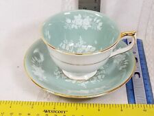 Vintage Aynsley Tea Cup & Saucer Seafoam Sage Green White Rose picture